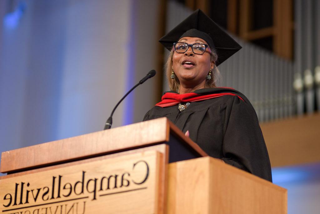 Deborah Thomas of Louisville, Ky., responses to the charge, during the university's first August commencement at Campbellsville University. (Campbellsville University Photo by Joshua Williams)