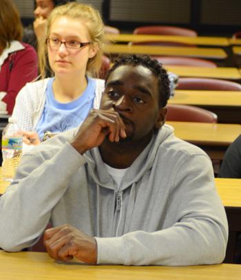  Caleb Harris, front of Chicago, Ill., and Mary Kutter of Springfield, Ky., listen as coverage of the Derby Rose Gala is being planned. (Campbellsville University  Photo by Harry Haynes)