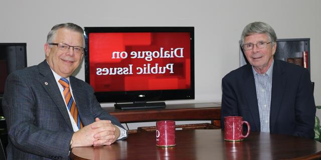 Dr. John Chowning, vice president for church and external relations and executive assistant to the  president of Campbellsville University, right, interviews Dr. George Herring, alumni professor of  history emeritus at the University of Kentucky, for his “Dialogue on Public Issues” show. 