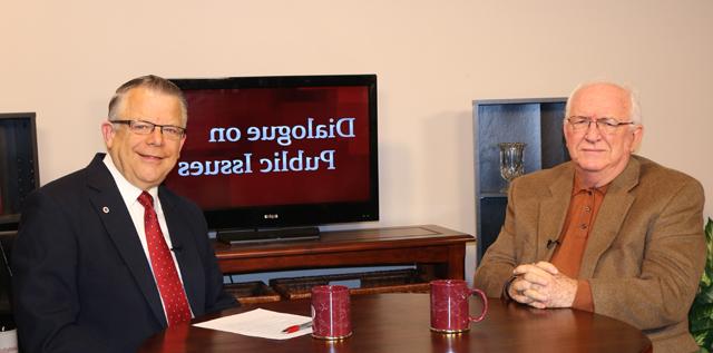 Dr. John Chowning, vice president for church and external relations and executive assistant to the president of Campbellsville University, right, interviews Dr. Joe Early Sr., assistant to the president and senior vice president for academic affairs at Campbellsville University, for his “Dialogue on Public Issues” show.