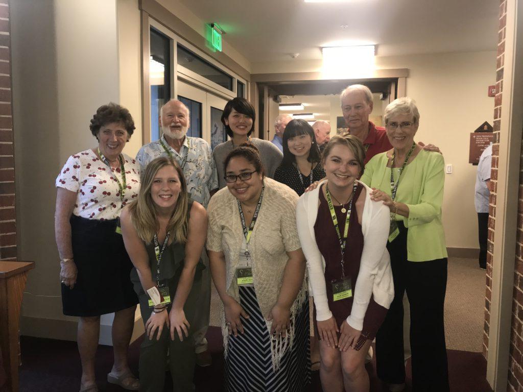 During the Ethics Symposium, host families opened their homes for guests for a place of lodging and providing dinner. These were Campbellsville University host families. From left are: Front row -- Breanne Ward, Raven Moore and CU staff member Kasey Ricketts. Back row -- Susan Parrish, Ed Parrish, Miwa Tabata, Sayaka Kochi, Joe Patton and Susan Patton