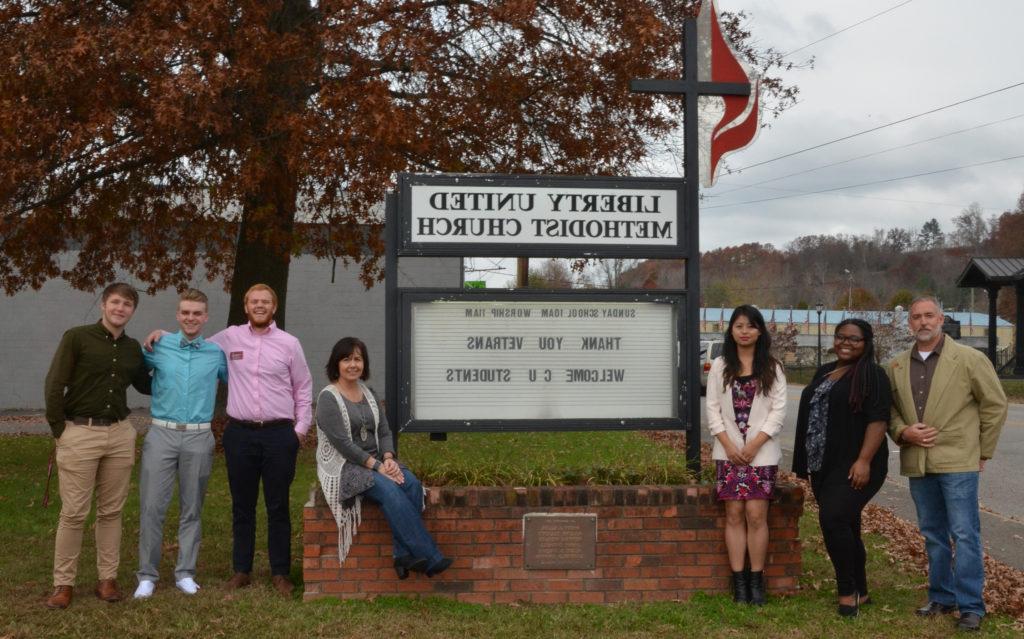 Students from Church Outreach at Liberty United Methodist Church, with the pastors, include from left: Pastor Rodney Koger; Tanisha Bruce, junior, testimony student from Danville, Ky.; Chimrila Quinker, freshman vocalist from India; Pastor Kim Koger, Devan Bishop, church outreach music coordinator; Connor Mattingly, freshman vocalist from Lebanon, Ky., and Milam Watkins, freshman preacher from Russellville, Ky.&lt;br /&gt;